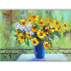 Yellow Daisy Painting, Wildflower Bouquet Oil Painting on Stretched Canvas, Original Floral Wall Art, Wrapped canvas