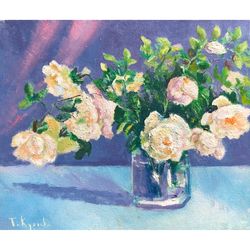 White rose painting, Floral Bouquet Oil Painting on Canvas, Original Art,  'S Day Birthday Gift Valentine's Day Painting