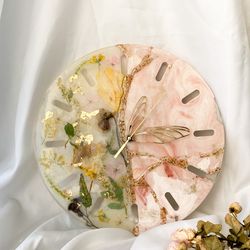wall clock interior epoxy resinart handmade abstraction home decor gift original painting dried flowers