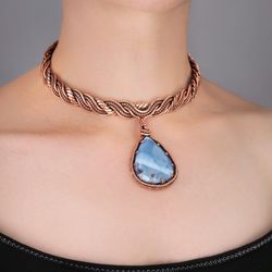 owyhee blue opal choker wire wrapped collar necklace this pendant jewelry for lady wire wrap art design