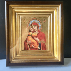 Vladimir Mother of God | Icon in wooden box covered with glass -"KIOT"  Gold and silver foiled, 10.6" x 9"