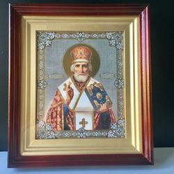 St. Nicholas | Icon in wooden box covered with glass -"KIOT"  Gold and silver foiled, 11.6" x 9,8"