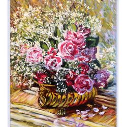 red rose painting, flower oil painting on canvas, original artwork, claude monet painting 20 inch by 16 inch