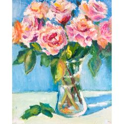 original oil painting, pink rose floral still life, textured painting, 's day birthday gift, valentine's day painting