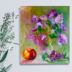 lilac and fruit still life, original oil painting on canvas, spring flowers fantasy painting, 's day birthday gift,