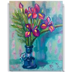 Irises flower painting, Floral Bouquet Oil Painting, Original art, 'S Day Birthday Gift, Valentine's Day Painting