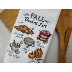 Fall waffle towel "Fall Bucket list", embroidered kitchen towels, kitchen towels with hanging loop, hanging dish towel