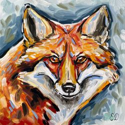 Red Fox Painting Oil Original Art Animal Wall Art Fox Artwork Farmhouse Painting 8x8 inches Wildlife Art