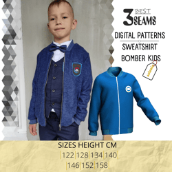 Kids sweatshirt sewing pattern Zipper Bomber jacket pattern Long sleeve loose fit sizes 122-158 cm height A0/ A4 /LETTER