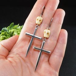 Silver Sword Cross Beige Carved Bone Skull Skeleton Horror Dagger Knife Blade Long Drop Statement Earrings Jewelry 7965