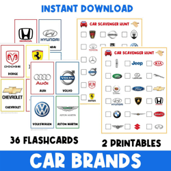 car brands | cars flashcards | scavenger hunt | i spy | printables for kids | printable games | transportation | stem
