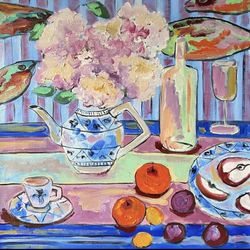 Still life with Hydrangea and apple Original oil painting on canvas Fauvism art Flowers and fruits painting Abstract art