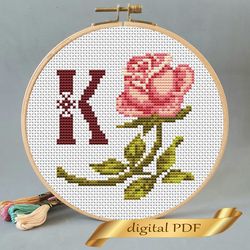 Floral letter K pdf cross stitch Flower monogram alphabet easy embroidery