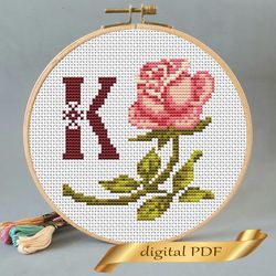 floral letter k pdf cross stitch flower monogram alphabet easy embroidery