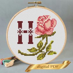 Floral letter H pdf cross stitch Flower monogram alphabet easy embroidery
