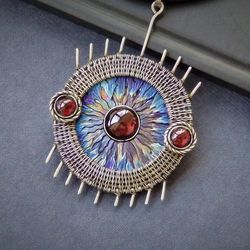 All-seeing eye amulet necklace with garnet /Wire wrapped necklace / Titanium jewelry / Esoteric necklace