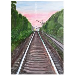 Railway Painting Landscape Original Art Sunset Oil Canvas Painting by LarisaRay