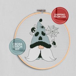 Cross stitch kit, Halloween cross stitch, Embroidery kit, Craft box, Gnome cross stitch