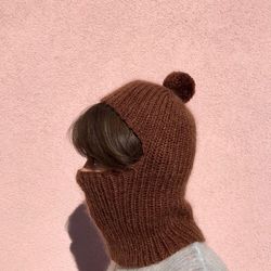 Merino wool knitted balaclava with pom pom