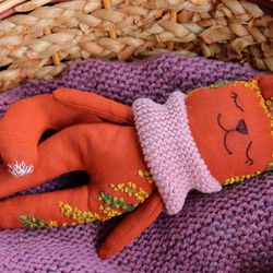 stuffed linen fox, soft textile fox ,  linen eco toy, embroidery fox, fox doll, soft animal toy