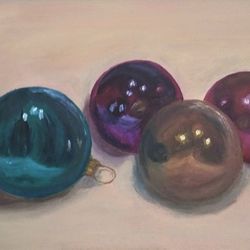 Glass Balls Oil Painting Original Art Winter Holiday Christmas Tree Toys Handmade Gifts Wall Art 7x9.5 inch