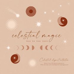 Modern digital celestial set. Sky clipart: sun, moon, stars, comets in trendy boho style in neutral beige and brown. PNG