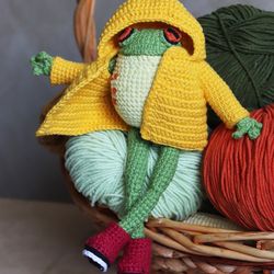 crochet amigurumi frog with raincoat and rainboots , frog toy , soft animal toy