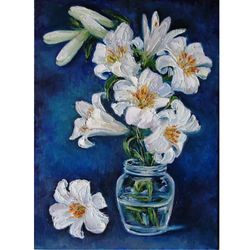 White Lily Flowers Painting Oil Abstract Floral Original Art Impasto Artwork
