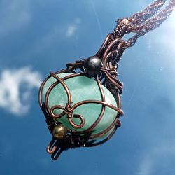 Copper necklace wrapped in wire with amazonite stone, antique style wire pendant, necklace for men, women, amulet