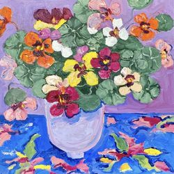 nasturtium original oil painting on canvas still life flowers bouquet painting wall decor fauvism matisse inspired art
