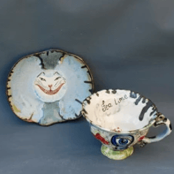 Porcelain tea set ,Tea time, Cup and saucer set, Alice in Wonderland ,Keyhole Eye, Cheshire Cat ,Handmade tea set