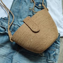 french basket , small jute shoulder bag , woven bag , wicker jute bag