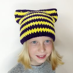 Striped beanie with ears Cat ears beanie crochet Fluffy beanie with cat ears Plush beanie hat purple yellow