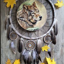 wolf dream catcher . large gray dreamcatcher