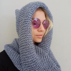 Hooded Scarf Wool Infinity Scarf Crochet Cowl Scarf Knitted Hood Chunky Knit Cowl Hood Cray Winter Knit Scarf