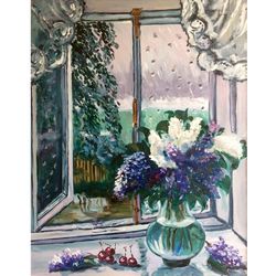 Flower Painting, Original Oil Painting on Canvas, Spring Flowers, Impressionism 20" x 16" Lilac on the window