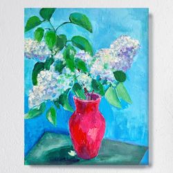 Spring Flowers Painting, White Lilac Original Oil Painting, Impressionism, Small Floral painting