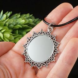 Round Glass Mirror Evil Eye Necklace Silver Circle Mirror Charm Boho Amulet for Protection Pendant Necklace Jewelry 8013