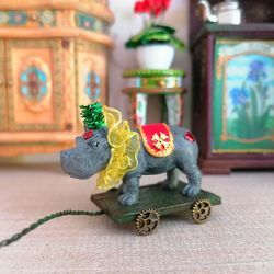 Hippo On A Cart. Vintage Toy. Circus Toy.1:12 Scale.