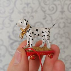 Dolmatian on a cart. Doll toy. dollhouse miniature.1:12 scale.