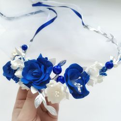 Royal blue flower crown, Wedding flower girl crown, Classic blue flower crown for kids or women, Blue flower hairpiece