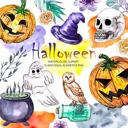 Watercolor Halloween Clipart, Halloween Pumpkin, Spooky Halloween clipart, Witch Hat, Skull, Potion, Jack O Lantern