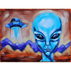 Alien Painting Space Original Art UFO Artwork Fantasy Wall Art Boy Room Decor Oil Canvas 12 by 16 inch ARTbyAnnaSt