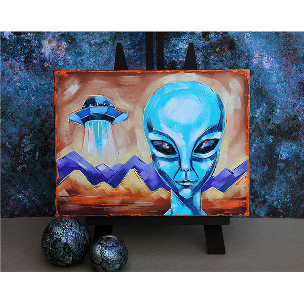 Alien Painting Space Original Art UFO Artwork Fantasy Wall Art Oil Canvas (2)_3.jpg