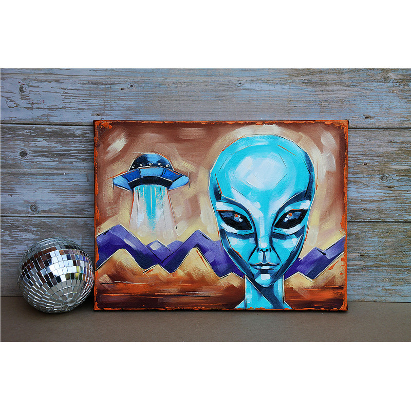 Alien Painting Space Original Art UFO Artwork Fantasy Wall Art Oil Canvas (2)_4.jpg