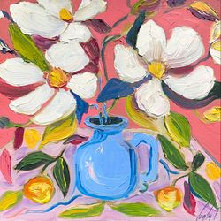 Flowers painting Oil Magnolias painting Fauvism art Matisse inspired Flowers bouquet Magnolia in a blue vase Decor art