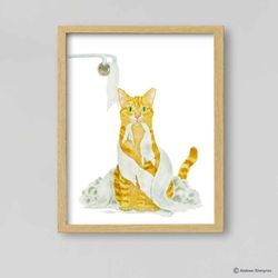 Bathroom Orange Cat Art Print, Cat Decor, Watercolor Painting, Bathroom Art, Cat Lover Gift