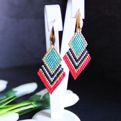 Native american green dangle earrings beaded dainty flamboyant jewelry, stainless steel earrings, gift for wife