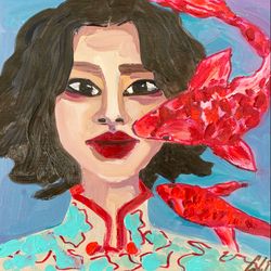 Beauty Woman portrait Original oil painting on cardboard Fauvism Asian woman portrait Fishing Art gift ideas Interior