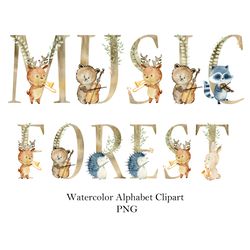Watercolor woodland, animals alphabet, watercolor animal music, clipart alphabet png.